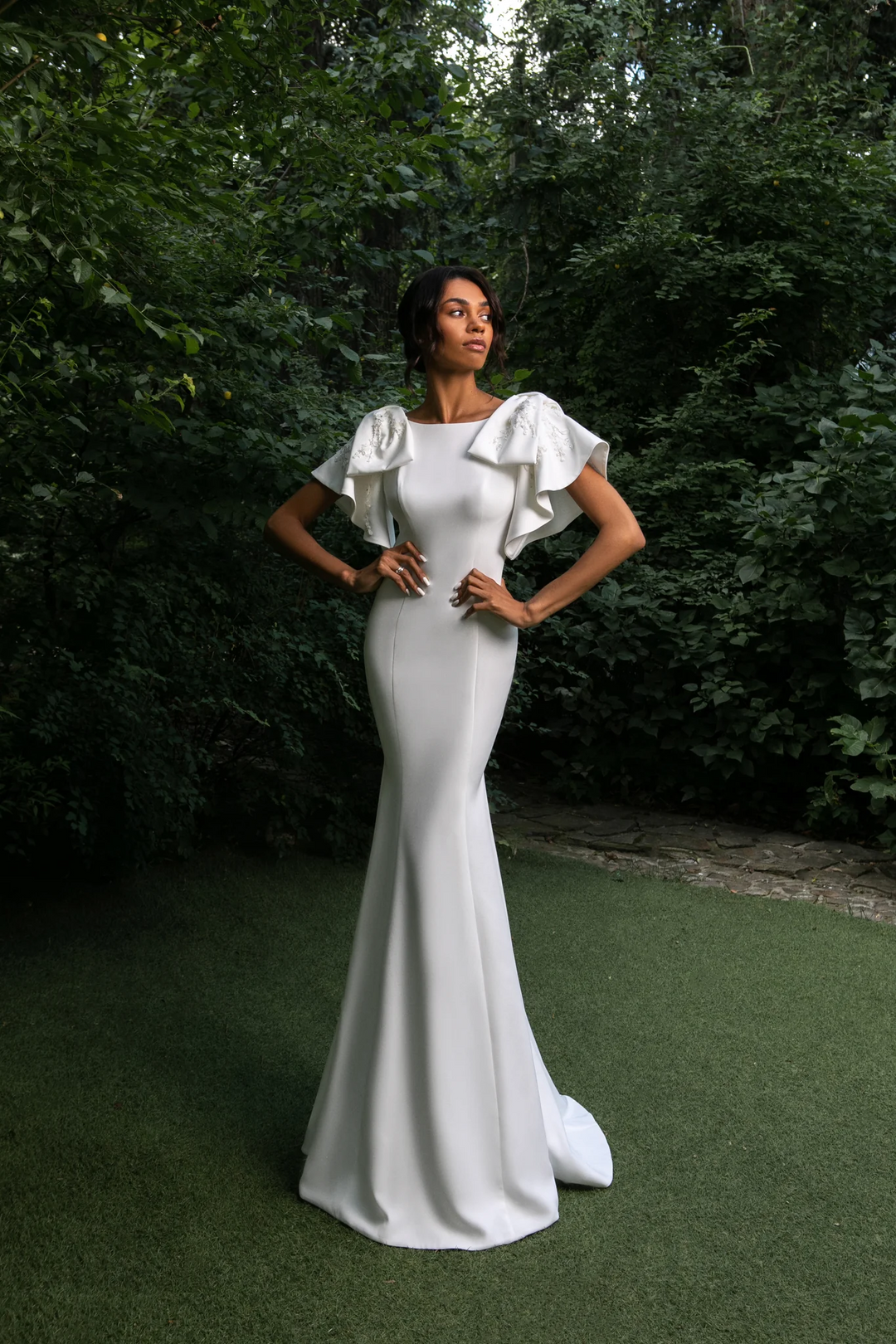 Elegant Mermaid Wedding Gown with Bell Sleeves and Removable Lace Bows – Chiffon Wedding Dress with V-Shaped Back Plus Size - Margot