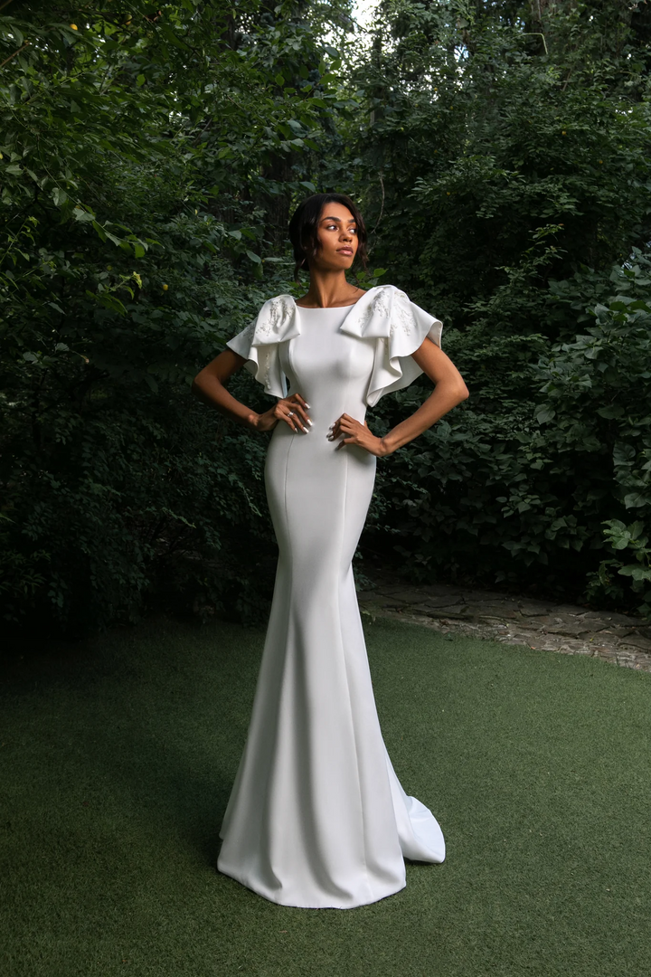 Elegant Mermaid Wedding Gown with Bell Sleeves and Removable Lace Bows – Chiffon Wedding Dress with V-Shaped Back Plus Size - Margot