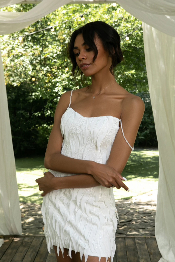 Ivory Short Bridal Wedding Dress with Feather-Like Detailing – Spaghetti Strap Wedding Dress with Zipper Closure Plus Size - Marilyn