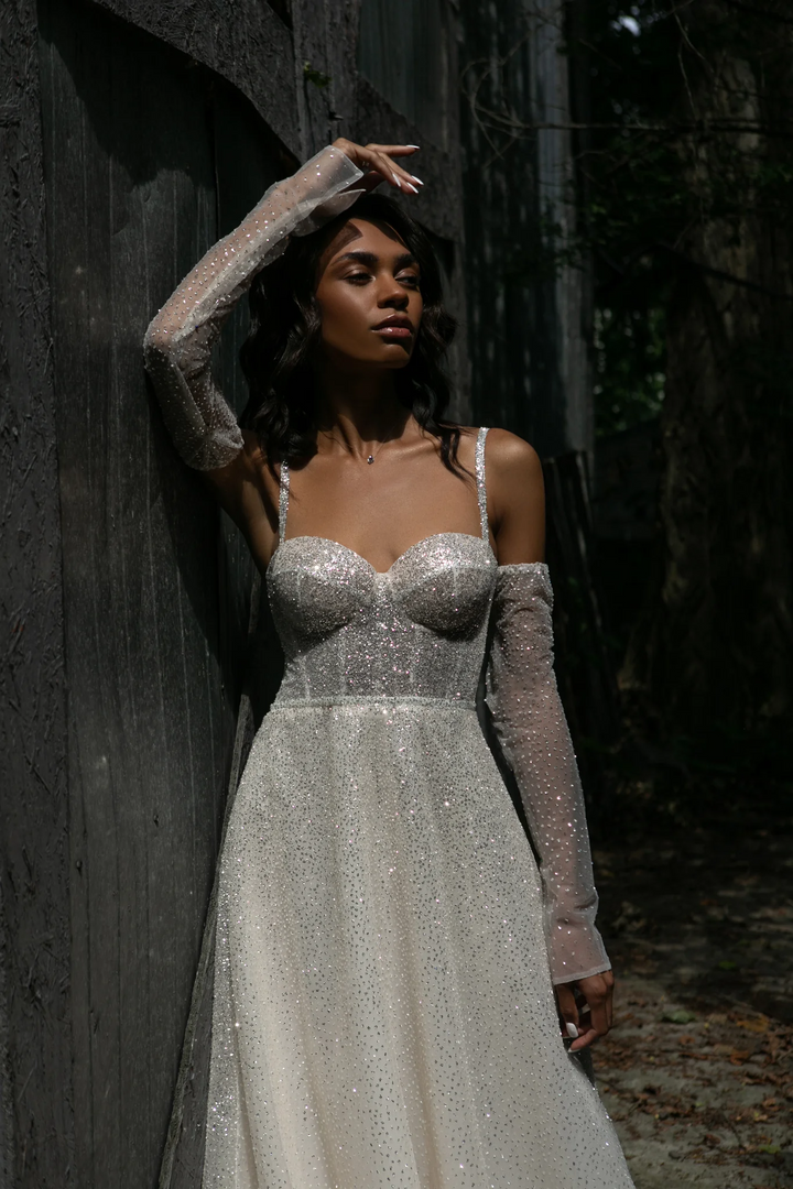Sparkly Ball Gown Wedding Dress with Sweetheart Corset – Spaghetti Strap Wedding Dress with Detachable Sleeves Plus Size - Megan