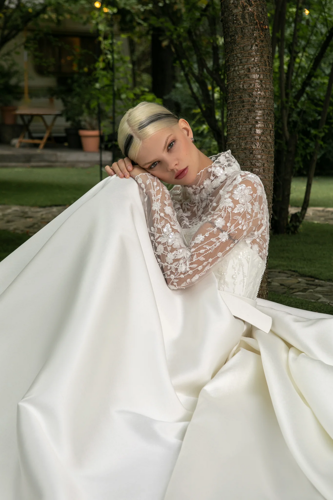 Elegant Ivory A-Line Wedding Gown with High-Neck Lace Bodice – Long Sleeves Wedding Dress with Floral Appliques Plus Size - Miranda