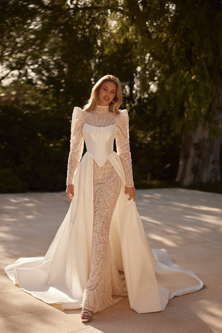 Nude Long Sleeve Wedding Dress with High Neck - Convertible Wedding Dress with Ivory Lace Plus Size