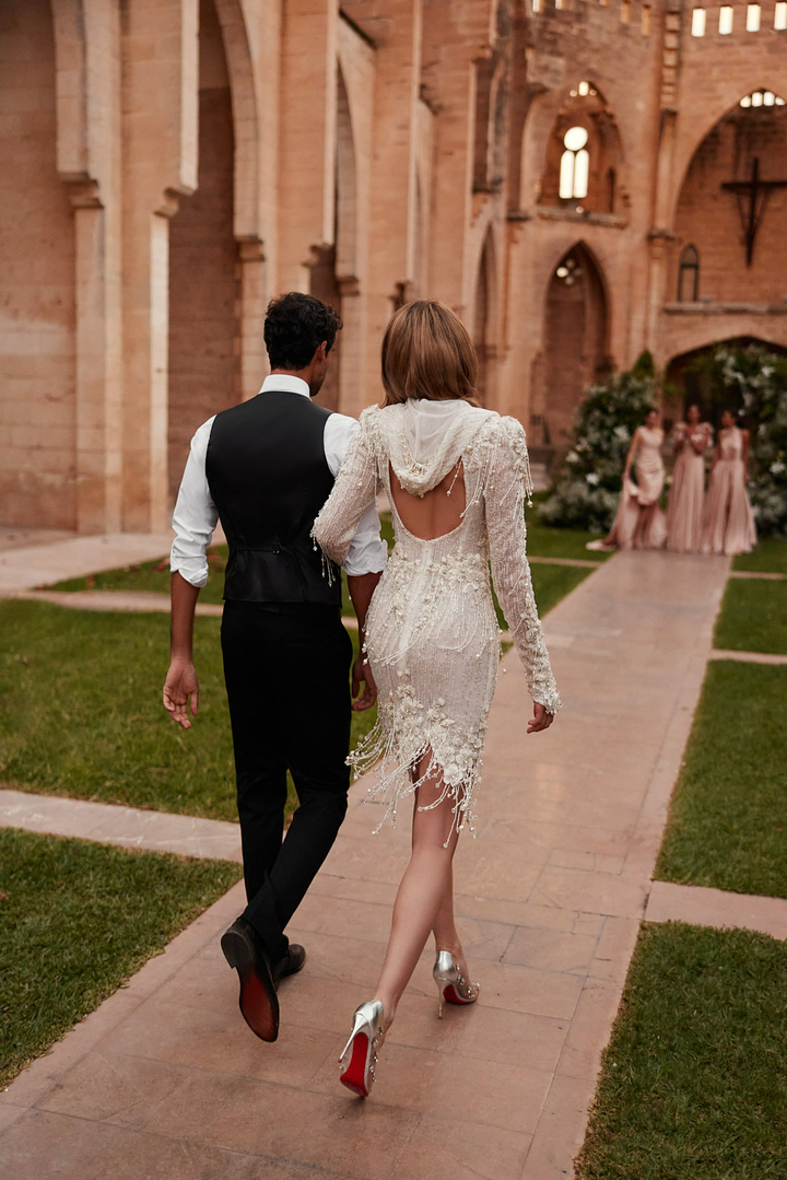 Ivory Short Wedding Party Dresses with Beaded - Lace Wedding Gown Long Sleeve with Cowl Neckline Plus Size