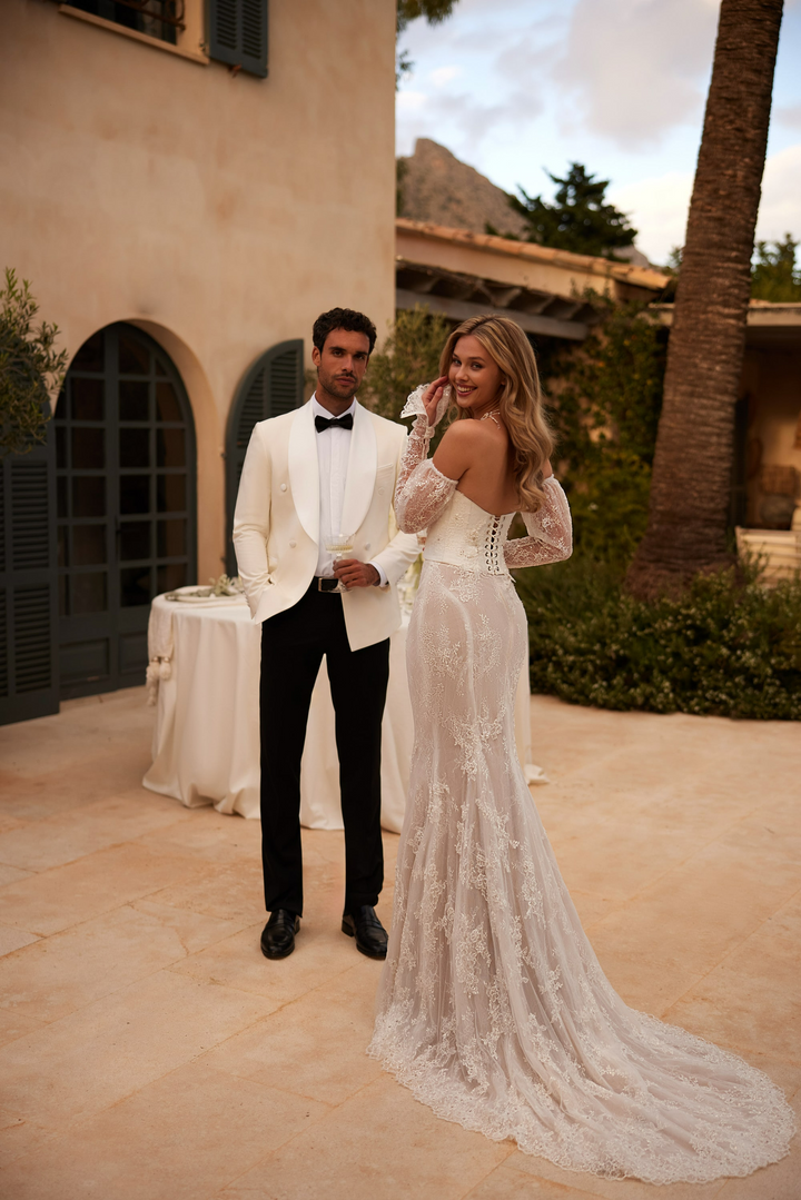 Nude Off Shoulder Wedding Dress with Sheer Lace Sleeves - Lace Corset Back Wedding Dress Plus Size