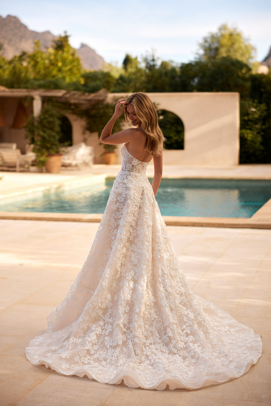 Nude Floral Wedding Dress with Sheer Strapless Bodice and Tulle Cape –  A-Line Wedding Ball Gown with 3D Appliqué Plus Size