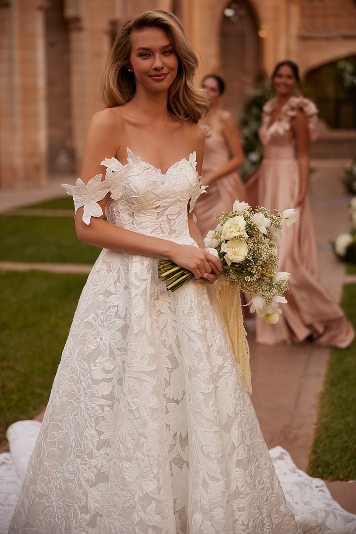 Ivory Off Shoulder Wedding Dress - Floral Wedding Dress with 3D Appliqué Sleeves – Structured Lace Wedding Gown Plus Size