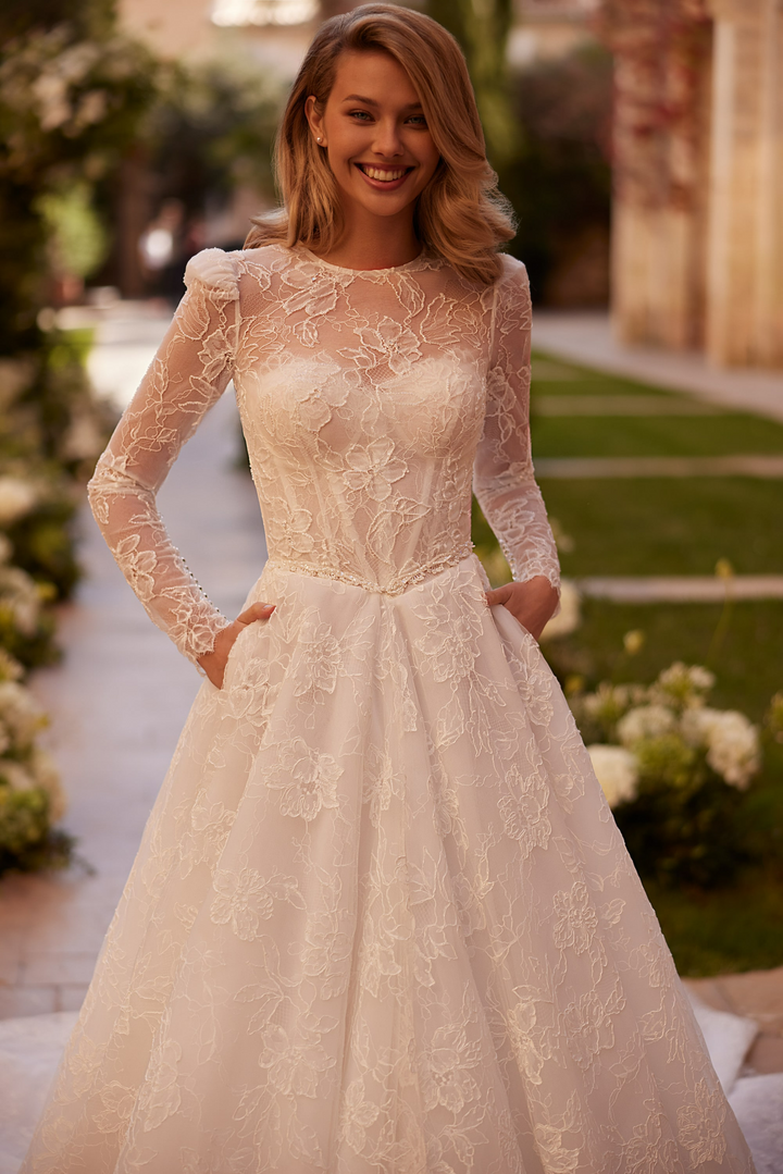 Ivory Lace Wedding Gown Long Sleeve with Lace Bodice – Classic Wedding Gown with Crew Neckline and Train Plus Size
