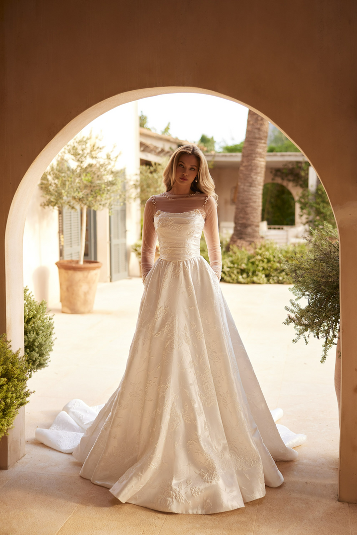 Ivory Off Shoulder Wedding Dress with Bow Sleeves – Jacquard A Line Wedding Gown with Corset Back Plus Size