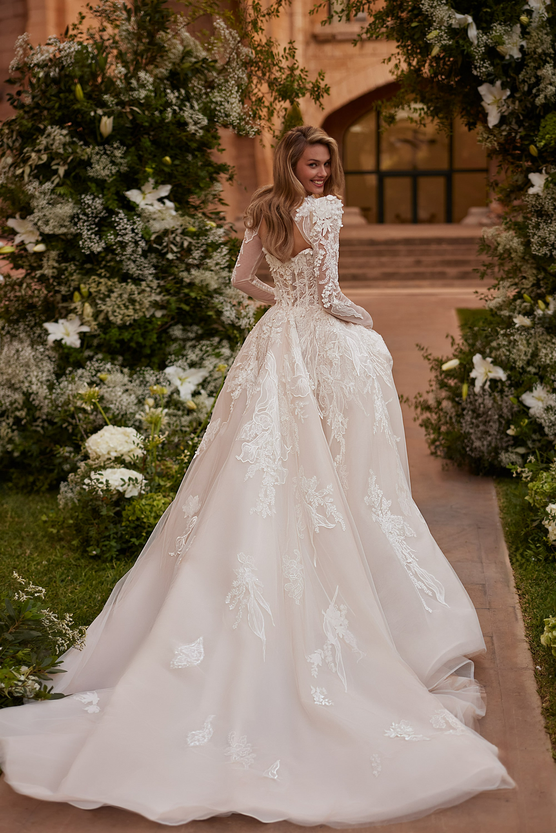 Nude Long Sleeve Wedding Dress with Floral Lace Appliqué – Convertible Wedding Dress with Illusion Neckline Plus Size