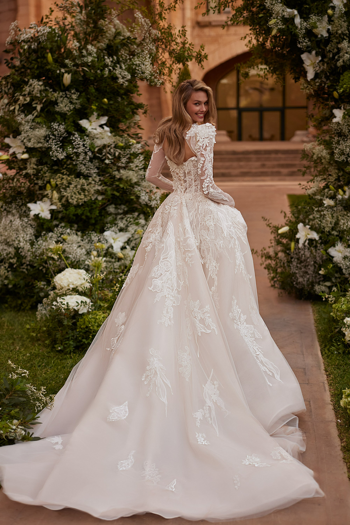 Nude Long Sleeve Wedding Dress with Floral Lace Appliqué – Convertible Wedding Dress with Illusion Neckline Plus Size