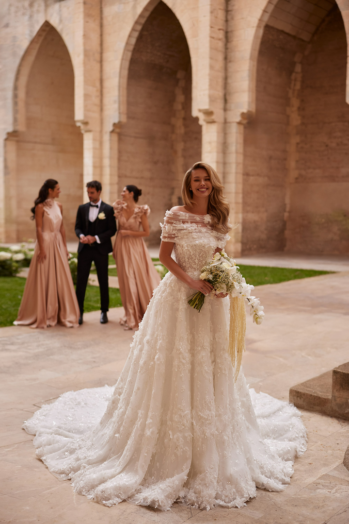 Ivory Off Shoulder Wedding Dress with Layered Tulle Sleeves – Embellished Floral Wedding Gown with Train Plus Size