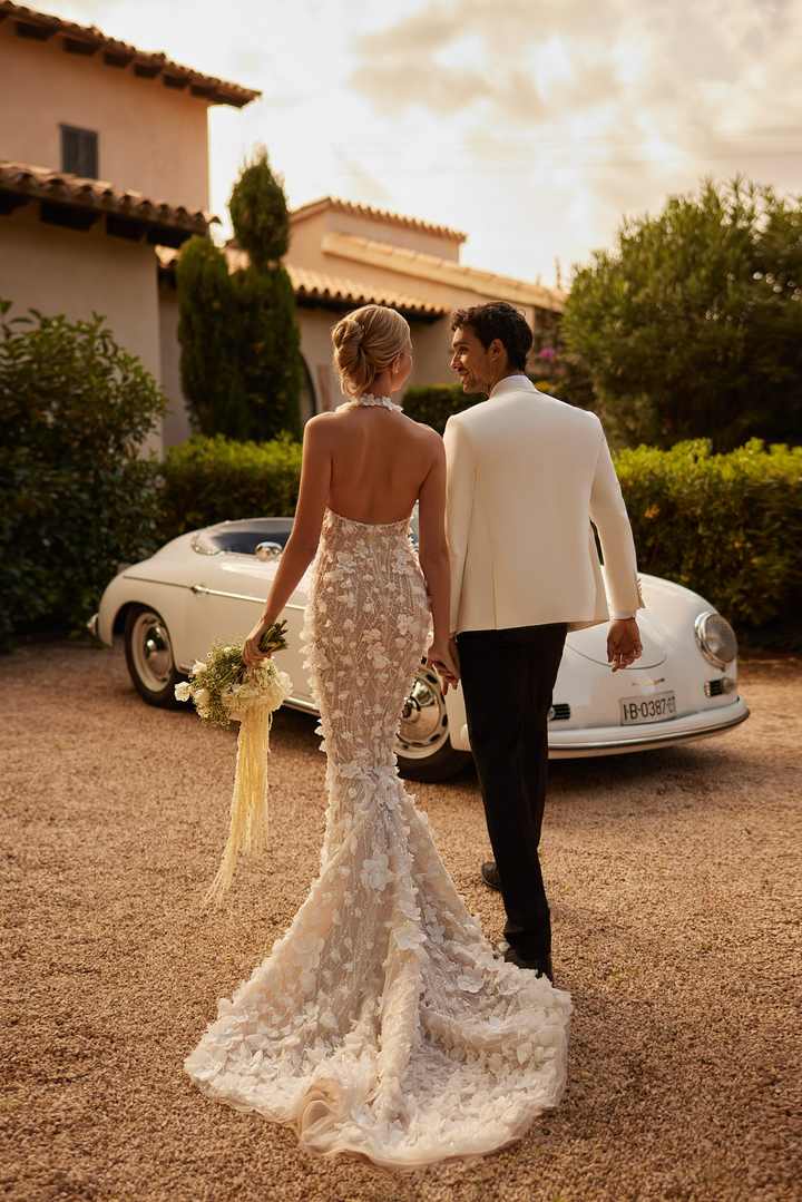 Nude Backless Halter Neck Wedding Dress with Plunging Neckline – 3D Floral Mermaid Wedding Gown with Sleeveless Plus Size