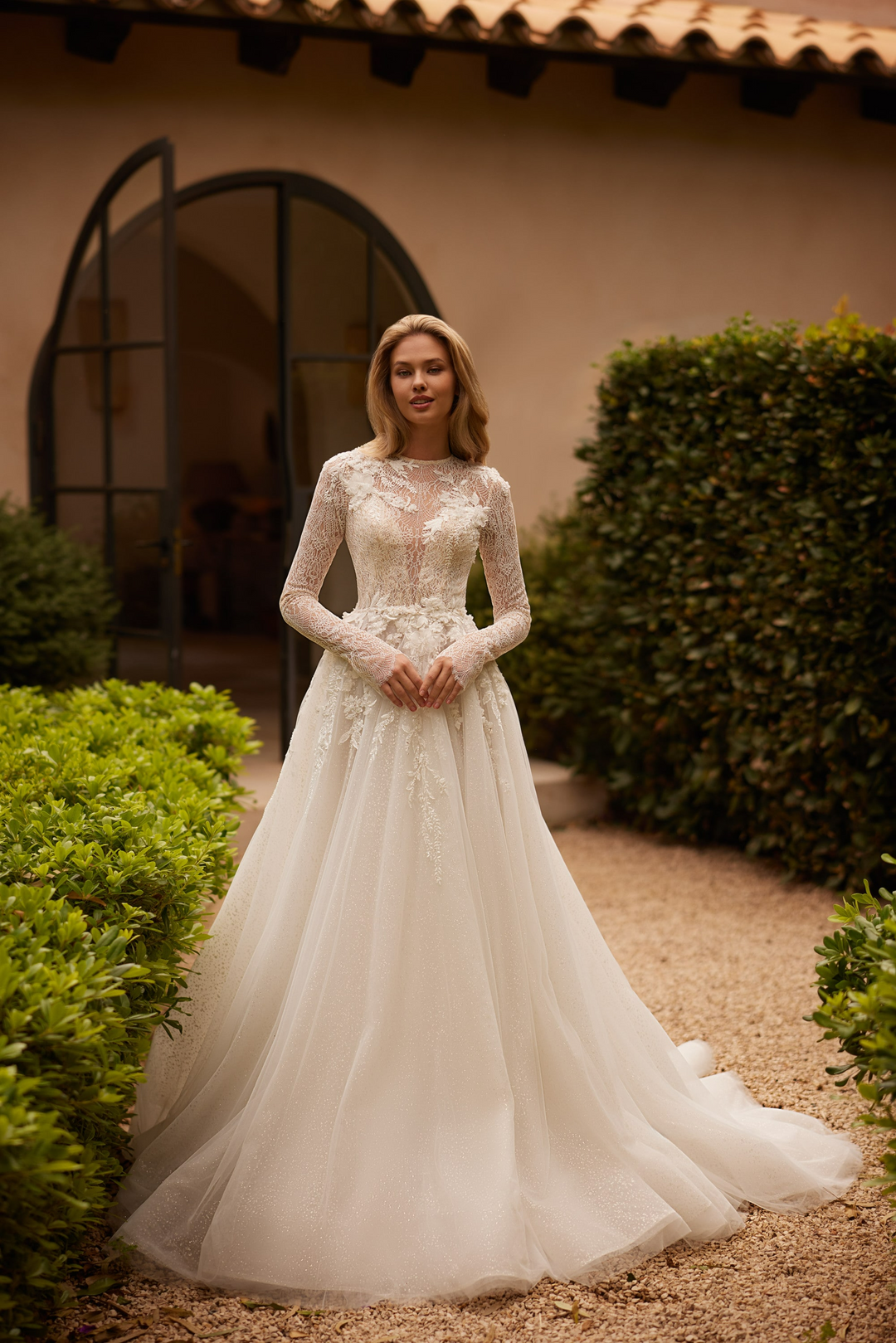 Long Sleeve Wedding Dress with Illusion Lace Bodice – Lace Appliqué Wedding Dress with Crew Neckline Plus Size