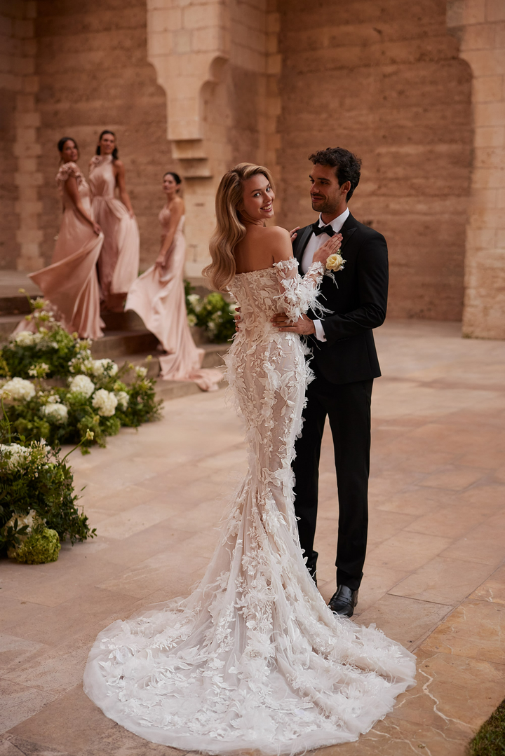 Nude Floral Wedding Dress with Long Sleeves – Off Shoulder Wedding Gown - Lace Mermaid Wedding Gown with 3D Appliqué Plus Size