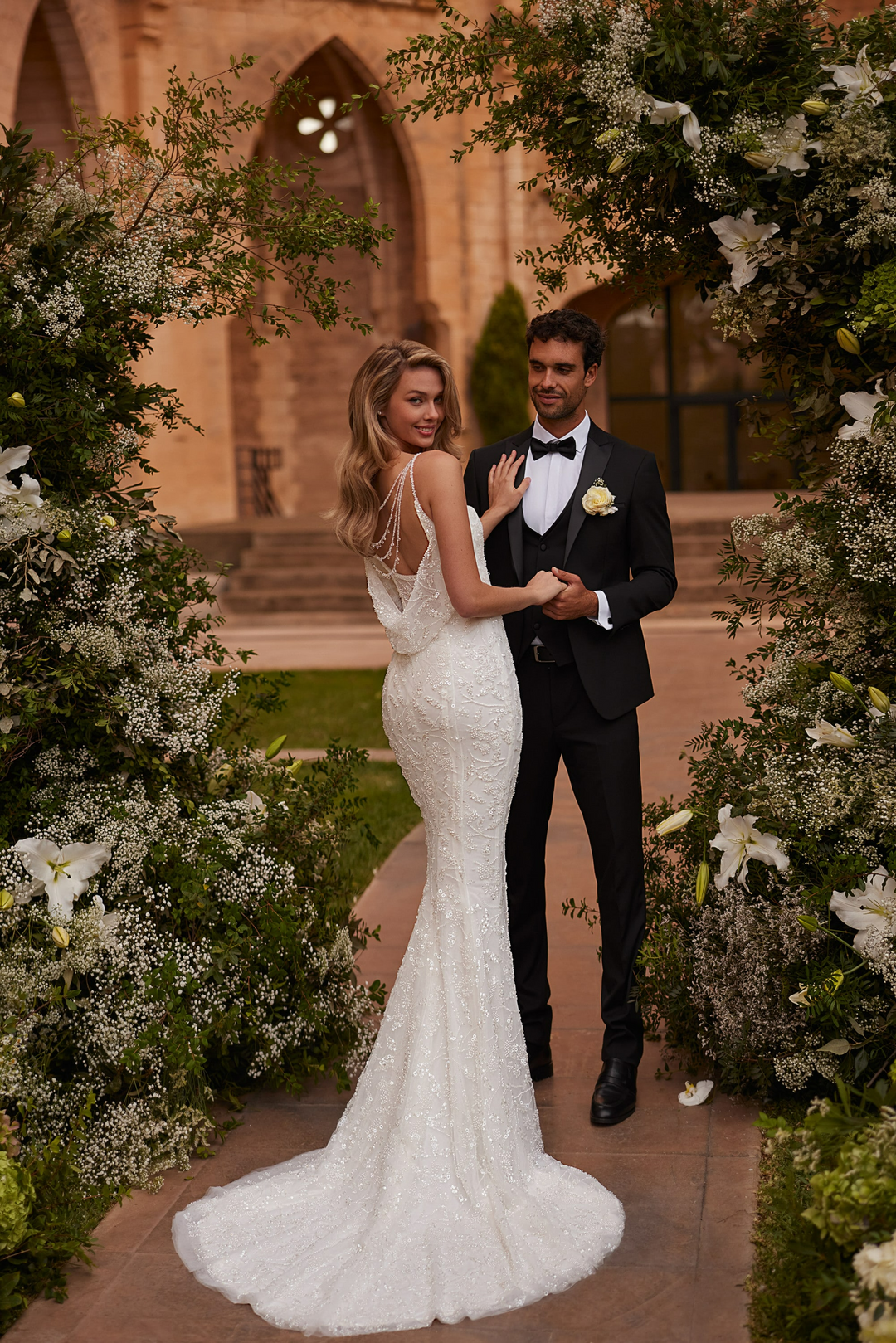 Ivory Mermaid Wedding Dress with Spaghetti Straps – Beaded Cowl Back Wedding Gown with Train Plus Size