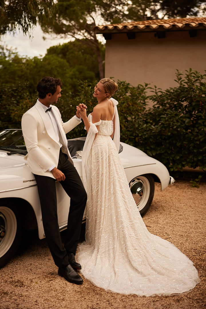 Off Shoulder Wedding Dress with Thigh High Slit – Beaded A-Line Wedding Gown with Convertible Sleeves Plus Size