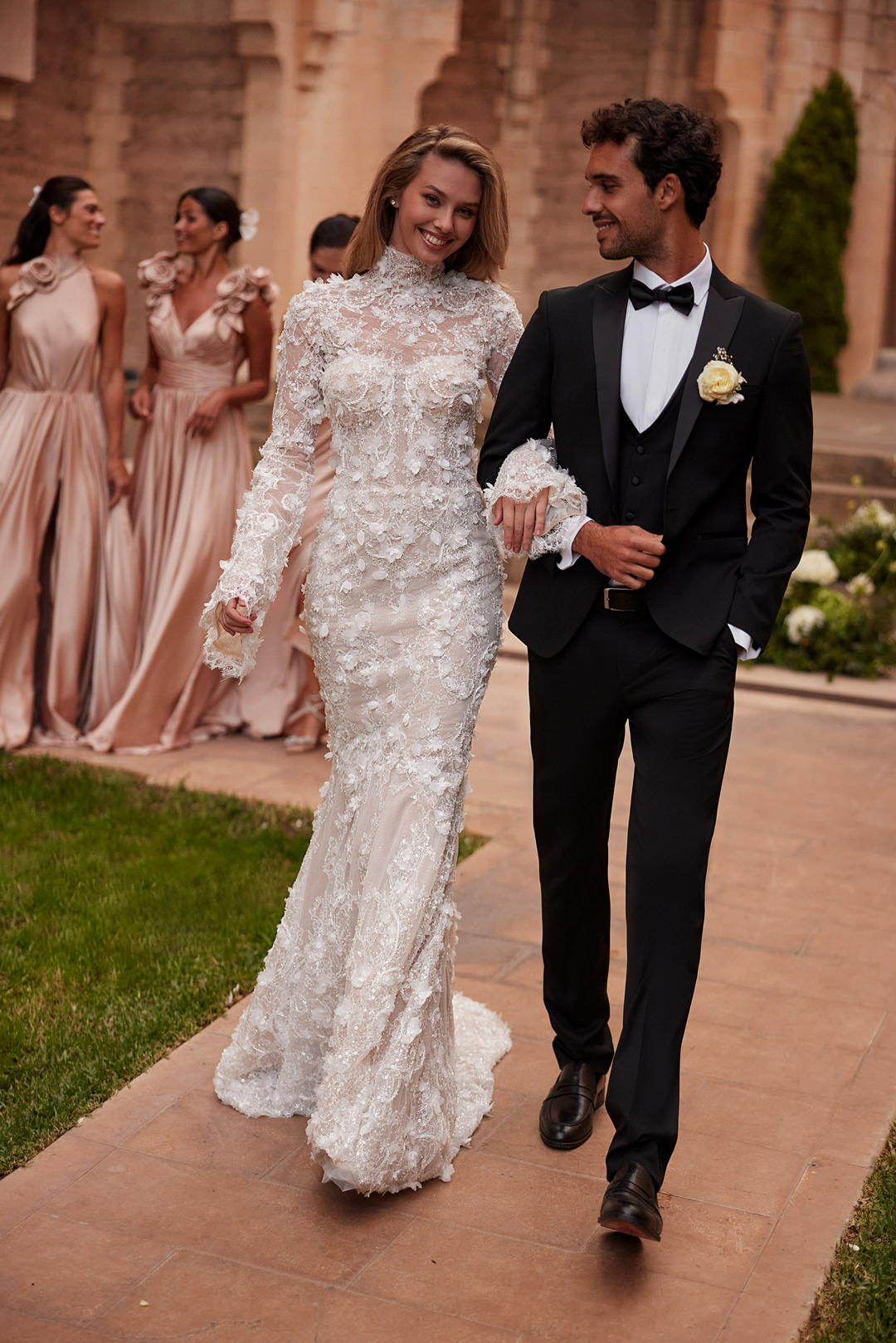 High Neck Long Sleeve Wedding Dress with 3D Floral – Lace Mermaid Wedding Gowns with Sleeves and Sheer Bodice Plus Size
