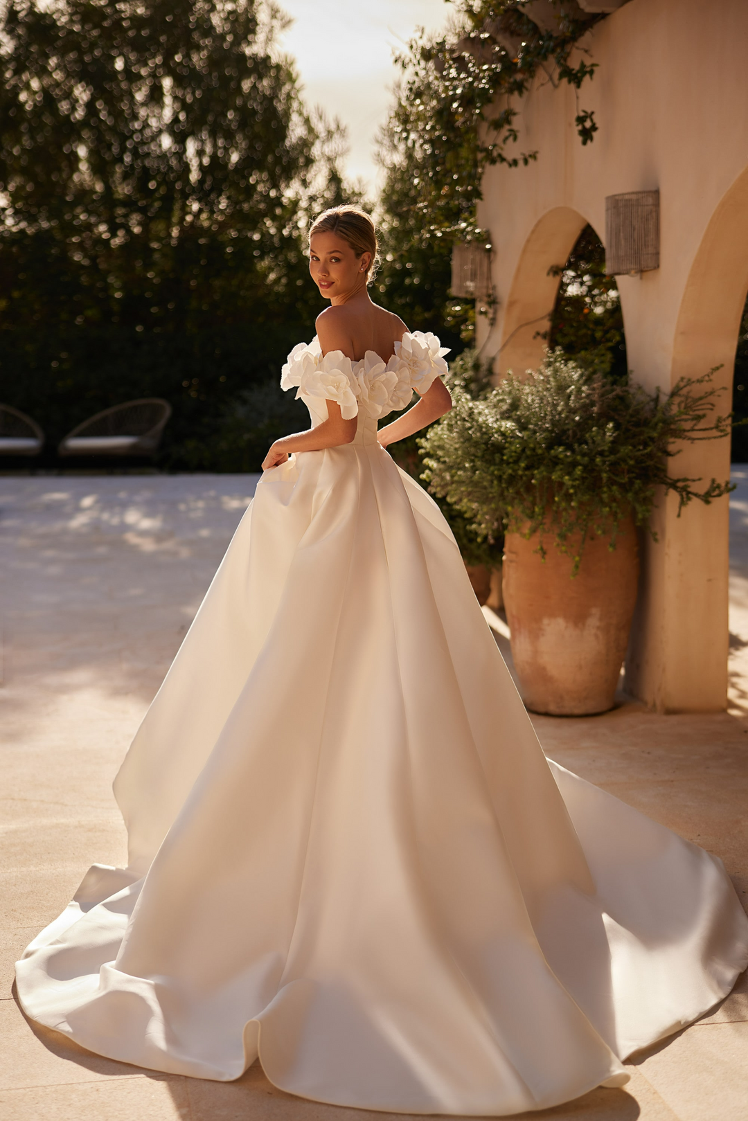 Ivory Satin Wedding Dress with 3D Floral Design – Off Shoulder Ball Gown Wedding Dress with Structured Pleats Plus Size