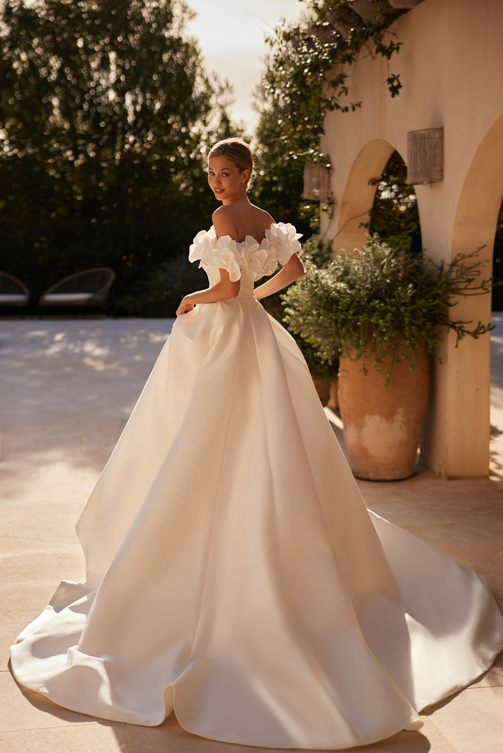 Ivory Satin Wedding Dress with 3D Floral Design – Off Shoulder Ball Gown Wedding Dress with Structured Pleats Plus Size
