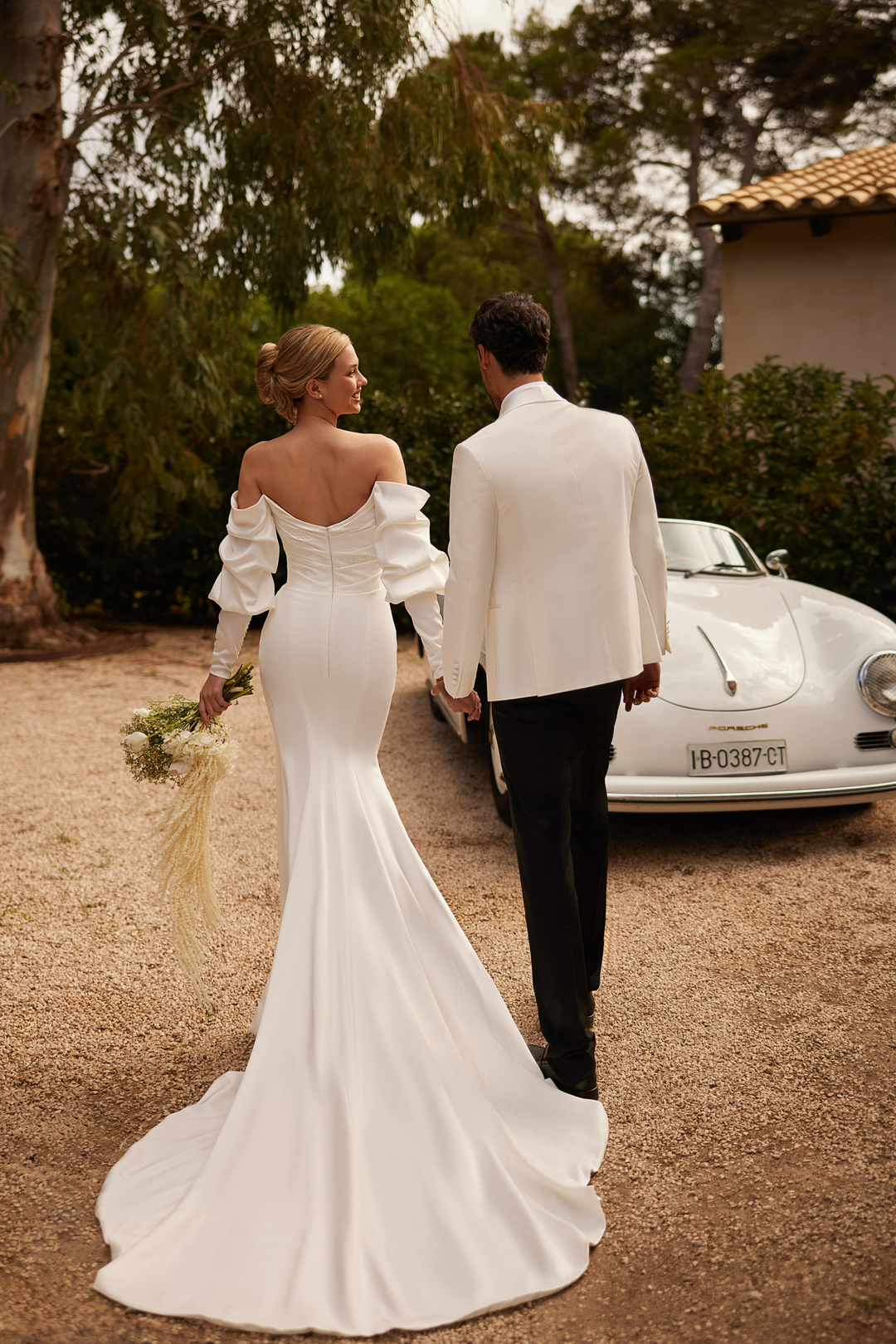 Off Shoulder Satin Wedding Dress with Puff Sleeves – Mermaid Wedding Dress with Thigh High Slit and Pearl Details Plus Size