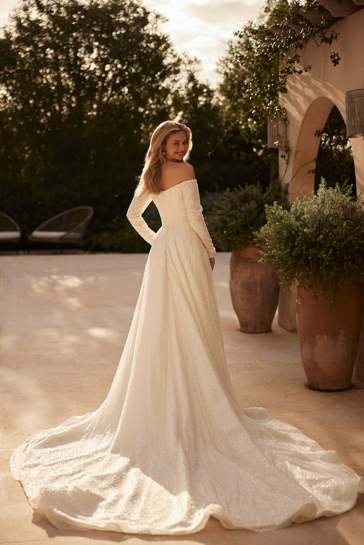 Ivory Beaded Off Shoulder Wedding Dress with Long Sleeves – Glitter Ball Gown Wedding Dress with Sweep Train Plus Size