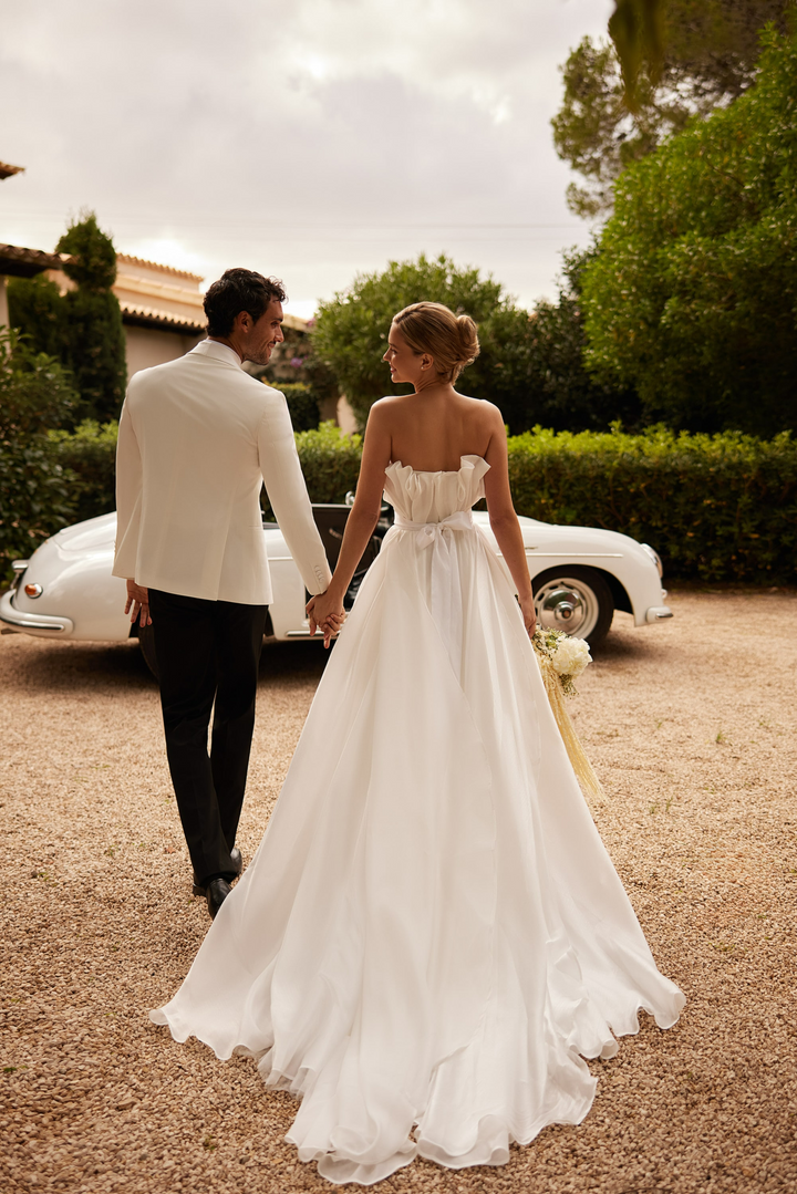 Ivory Strapless A-Line Wedding Dress with Ruffle Bodice – Ruffled Organza Wedding Gowns with Flowing Train Plus Size