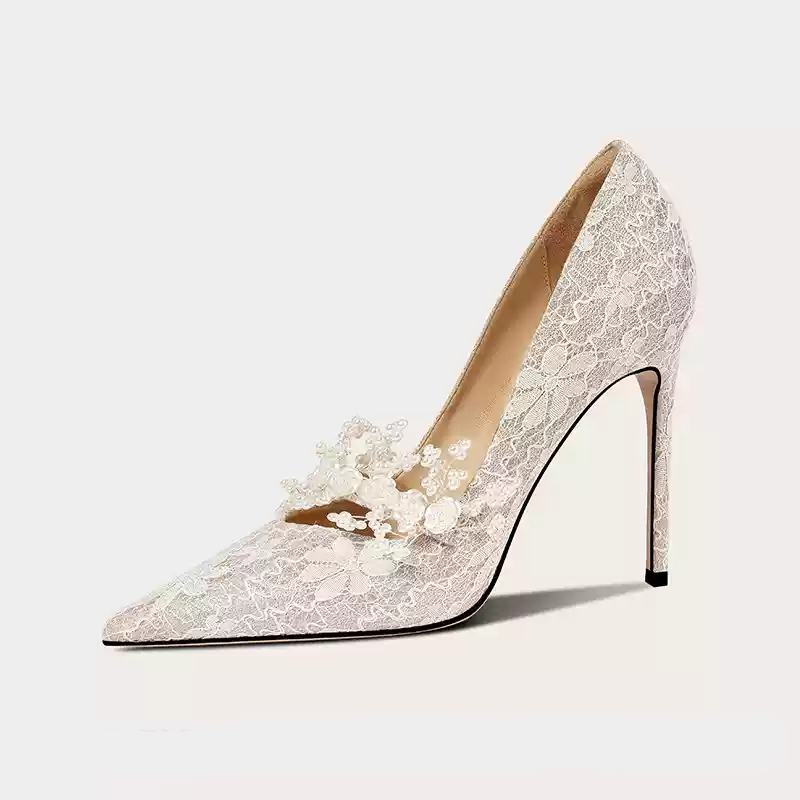 Vintage-Inspired Green Lace Bridal Shoes with Pearl Embellishments - High Heels