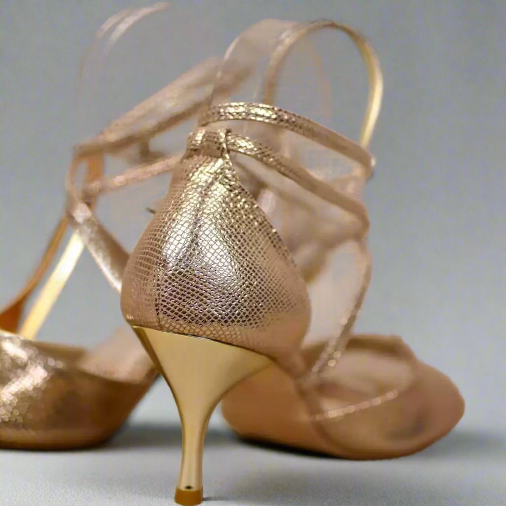 Handmade Tango Cowhide Leather Gold Latin Dance Shoes with Cross Straps – Ladies Latin Dance Shoes