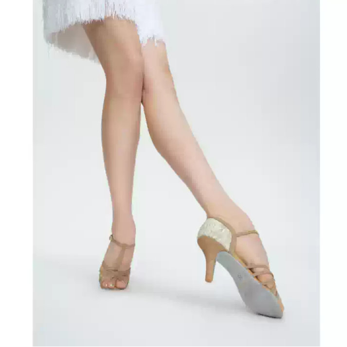 Whisper Blush – Handmade Nude T-Strap Salsa Shoes with Embroidered Back