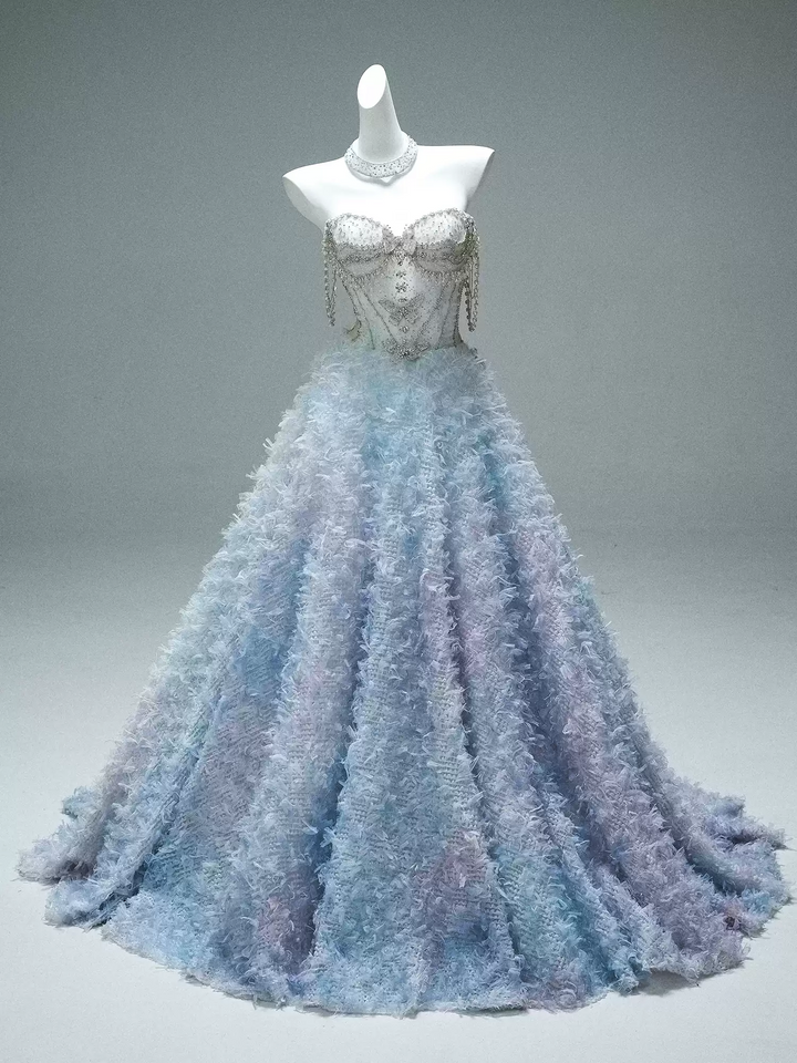 Blue Evening Dress with Beaded Corset – Strapless Layered Tulle Ruffle Dress Plus Size