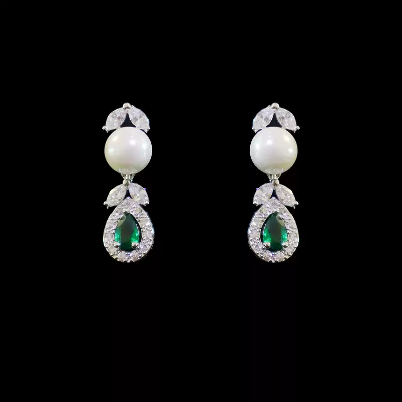 Pearl and Green Zircon Jewelry Set - Teardrop Pearl Necklace and Earring Set