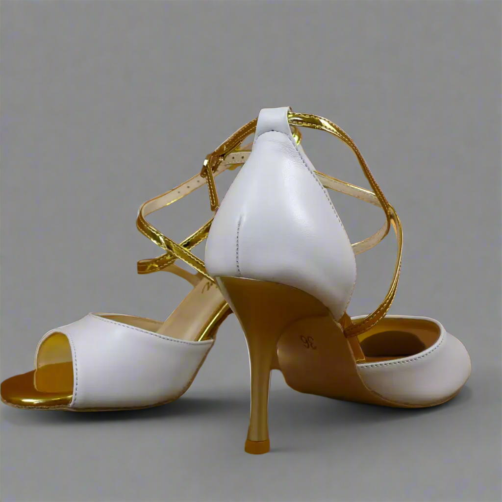 Handmade Tango Cowhide Leather Gold Latin Dance Shoes with White Leather Upper – Latin Dancing Shoes for Women