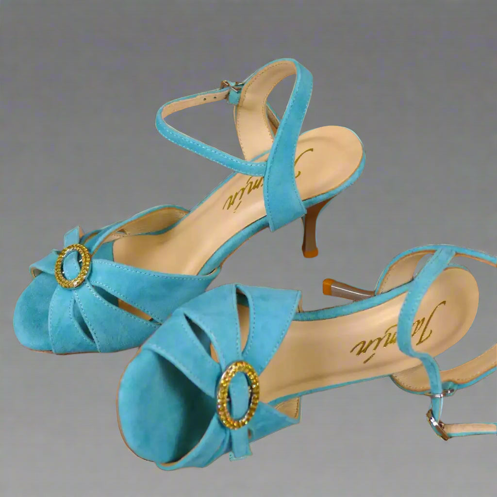 Handmade Tango Cowhide Leather Blue Latin Dance Shoes Low Heel with Rhinestone Buckle and Open Toe