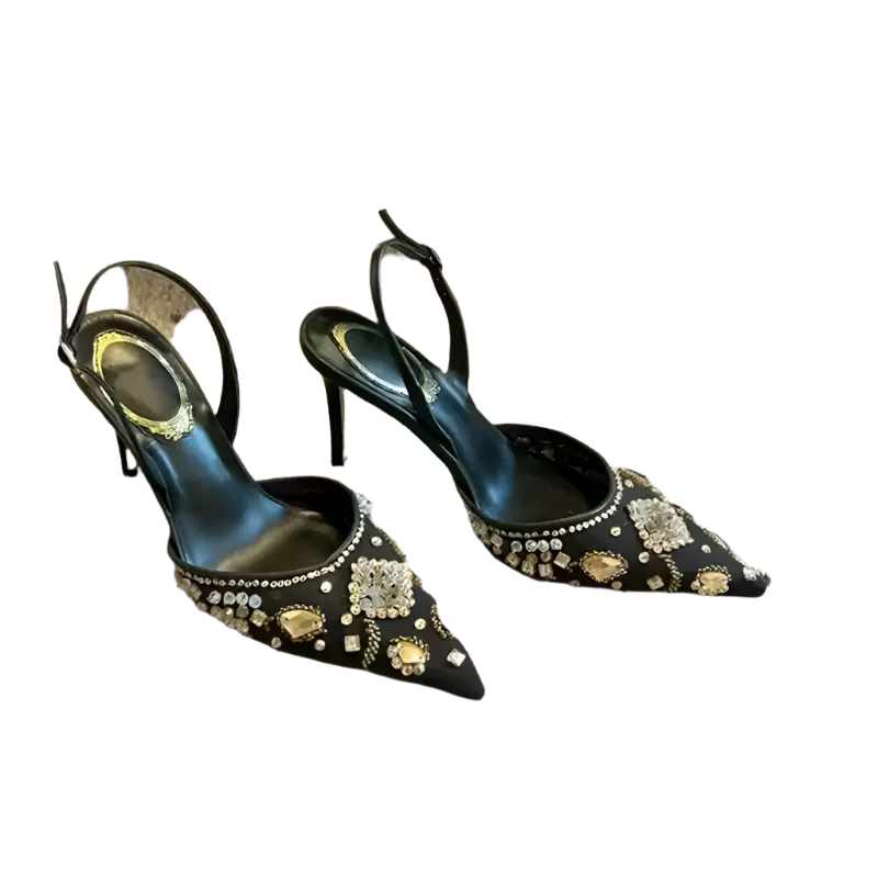 Handmade Black Embellished Slingback Heels – Rhinestone Pointed-Toe Stiletto Sandals for Women