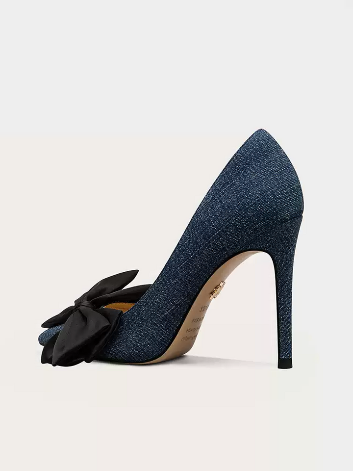 Gothic Deep Blue Denim High Heels with Bow Detail