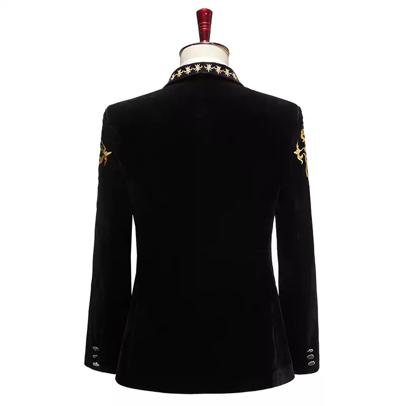 Black Baroque Mens Blazer – Velvet Suit Jacket with Gold Embroidered Lapel and Shoulder Detail Plus Size