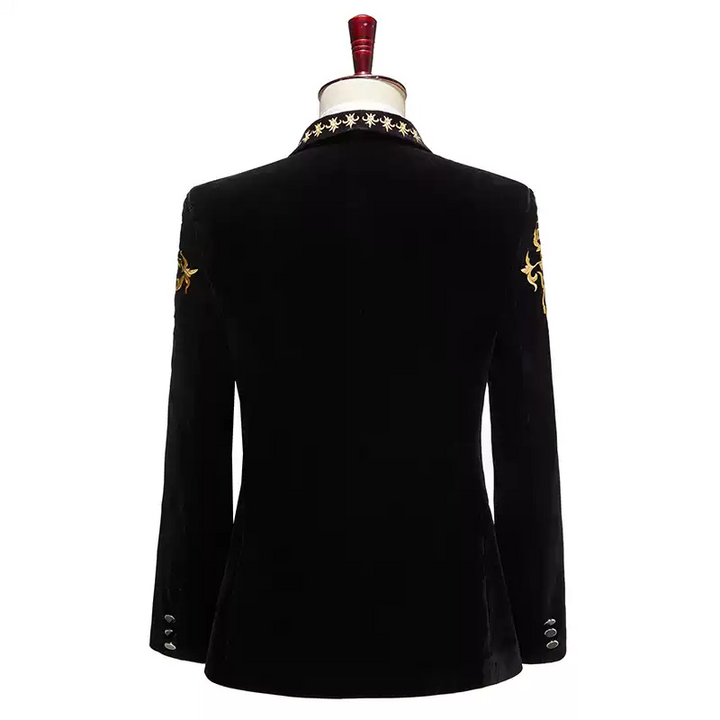 Black Baroque Mens Blazer – Velvet Suit Jacket with Gold Embroidered Lapel and Shoulder Detail Plus Size