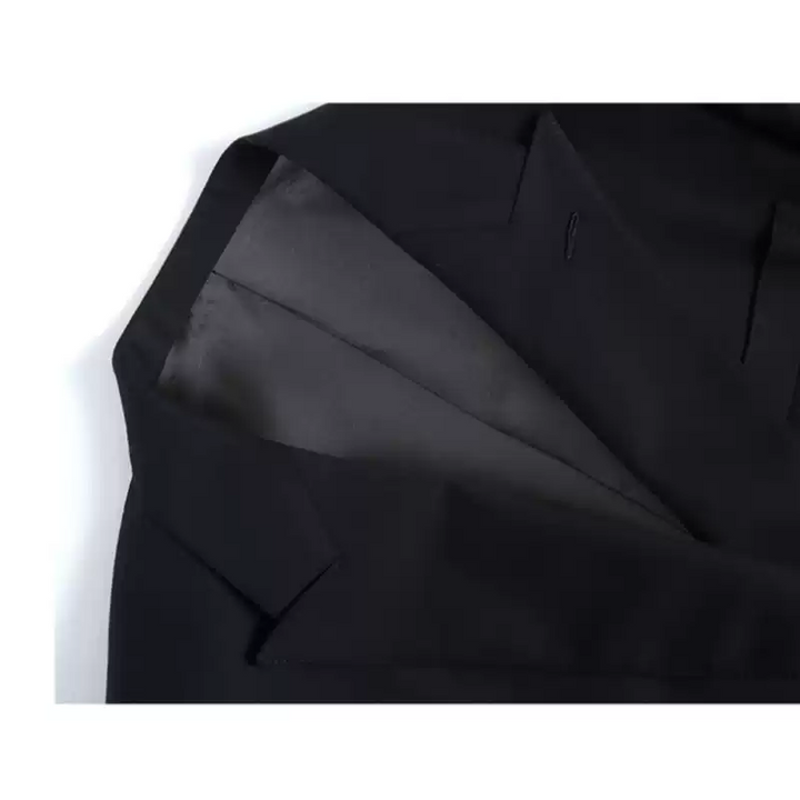 Mens Double Breasted Blazer in Black Wool with Peak Lapel and Gold Buttons Plus Size