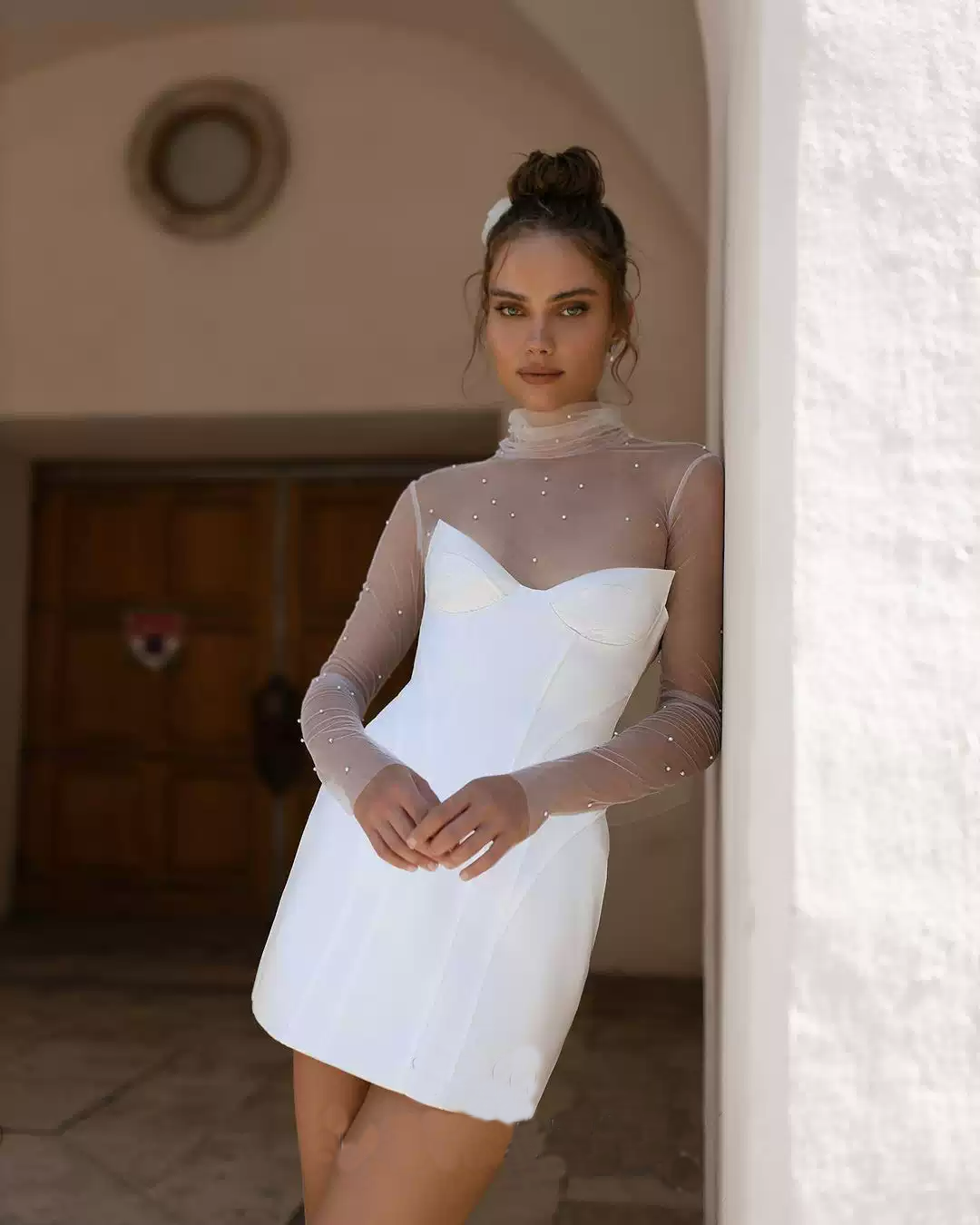 Short Wedding Party Dress with Sheer Pearl Sleeves and Corset Back  L   WonderlandByLilian