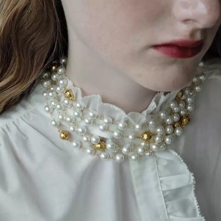Reverie of Gabrielle – Long Pearl and Gold Bead Necklace - Salute to Gabrielle