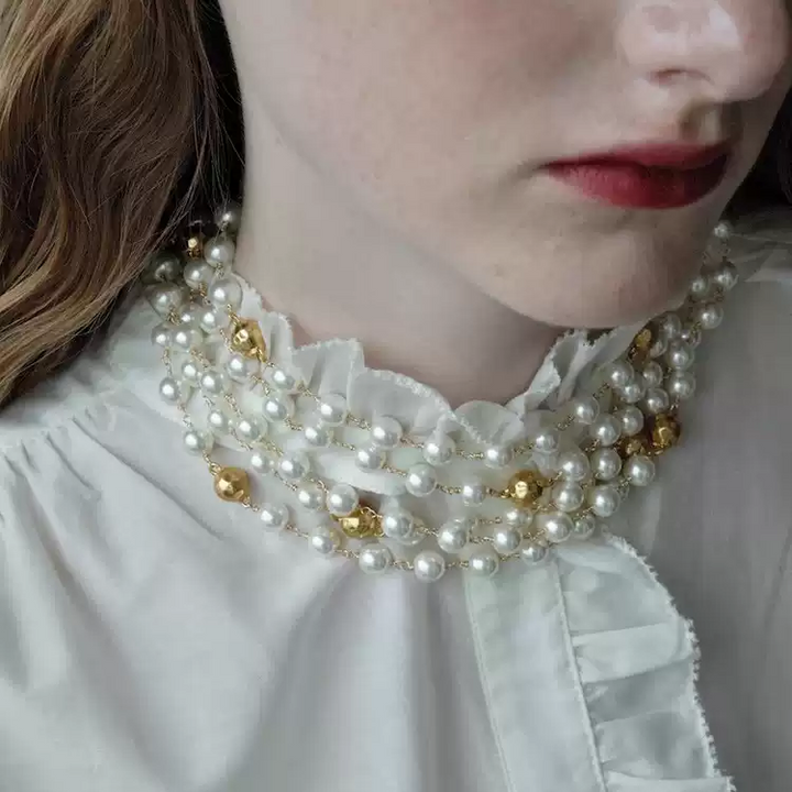 Reverie of Gabrielle – Long Pearl and Gold Bead Necklace - Salute to Gabrielle