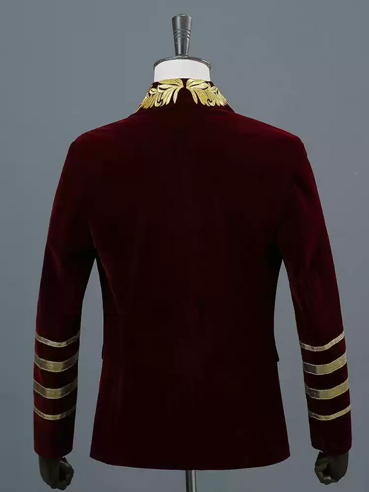 Burgundy Regency Mens Suit - Double Breasted Blazer with Gold Embroidered and Sleeve Stripes Plus Size