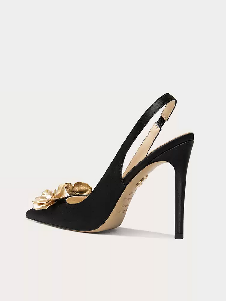 Gothic-Inspired Gold Flower Satin High Heels for Evening Wear