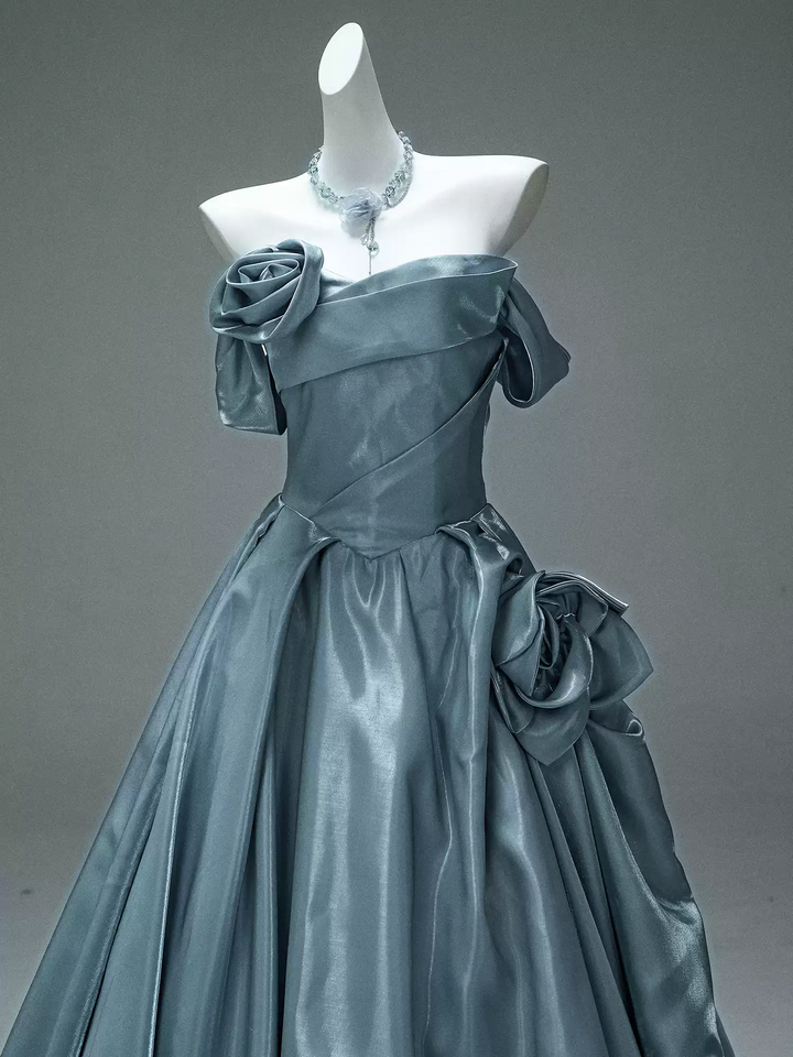 Blue Evening Gown with Off Shoulder Floral Design – Off the Shoulder Ball Gown Dress with Draped Satin Skirt Plus Size