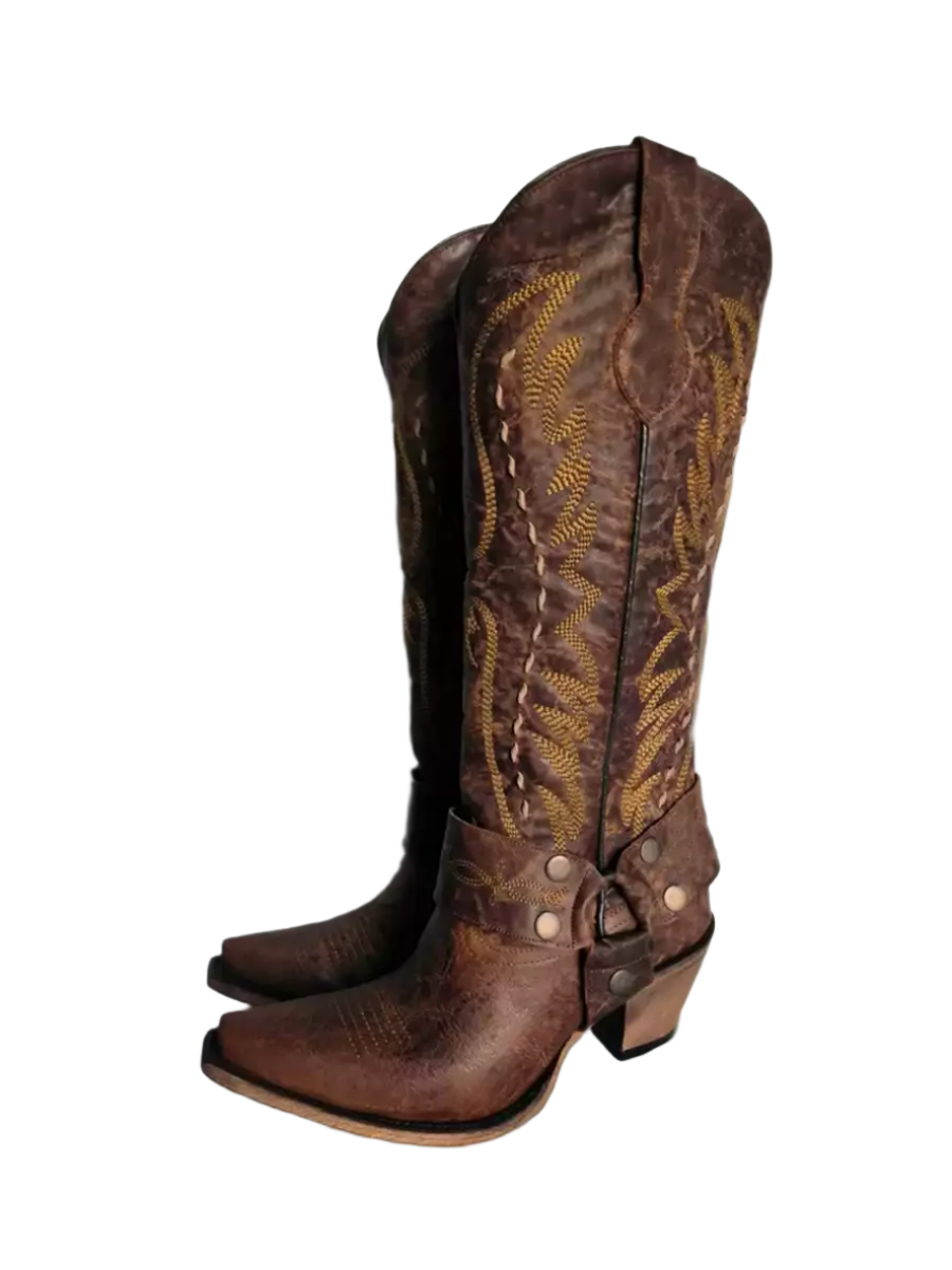 Vintage-Inspired Brown Cowgirl Boots with Embroidered Detailing – Western Knee-High Boots with Buckle Strap