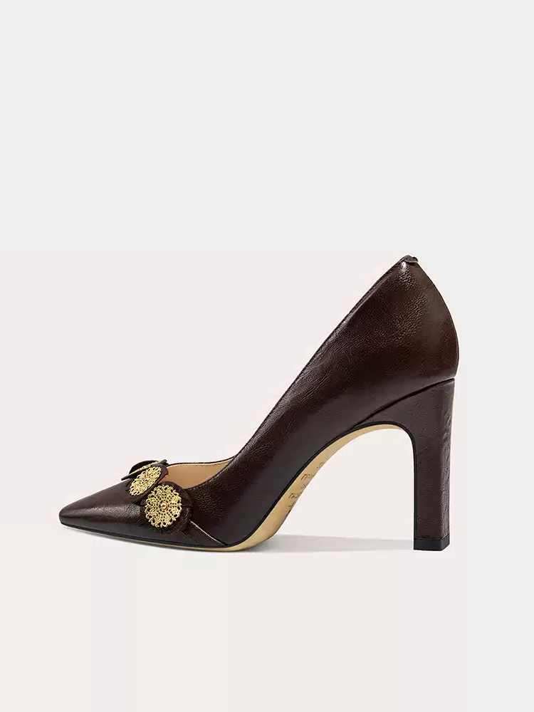 Vintage Inspired Brown Leather High Heels with Gold Metal Accents  - Toe Design