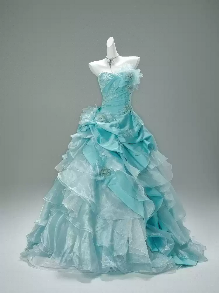 Blue Ball Gown with Floral Appliqué – Strapless Layered Tulle Ruffle Dress with Lace-Up Back Plus Size