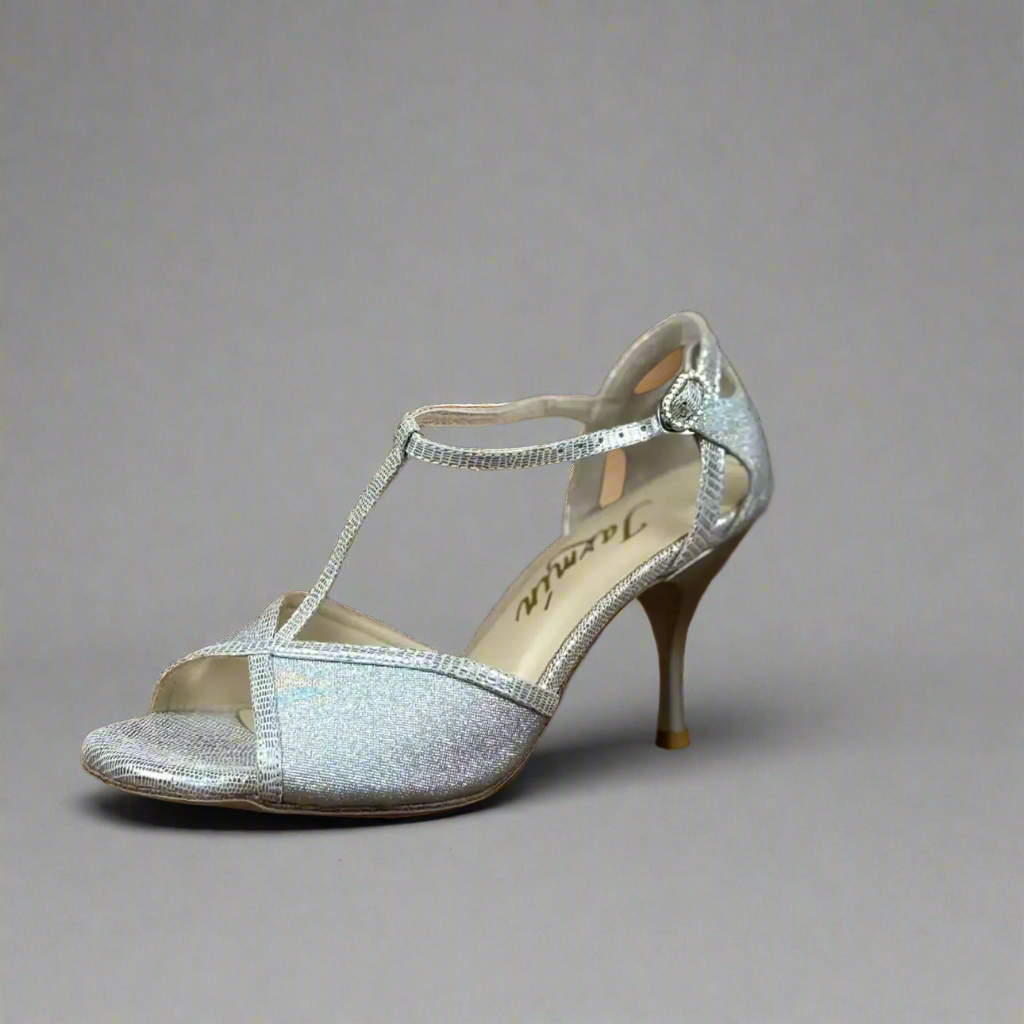 Handmade Tango Lambskin Leather Silver Latin Dance Shoes with T-Strap Design – Glitter Leather Ballroom and Latin Dance Shoes