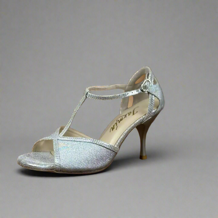 Handmade Tango Lambskin Leather Silver Latin Dance Shoes with T-Strap Design – Glitter Leather Ballroom and Latin Dance Shoes