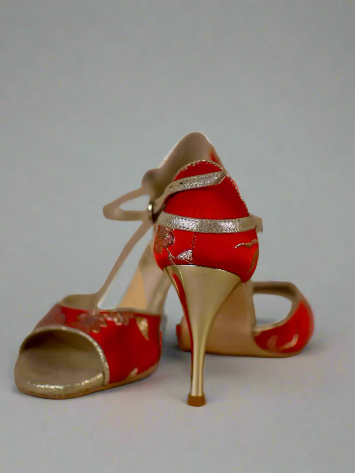Handmade Tango Cowhide Leather Red Satin Samba Shoes with Gold Heel – Latin Dancing Shoes for Women